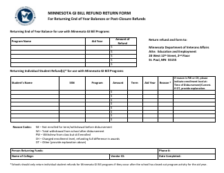 Document preview: Minnesota Gi Bill Refund Return Form for Returning End of Year Balances or Post-closure Refunds - Minnesota