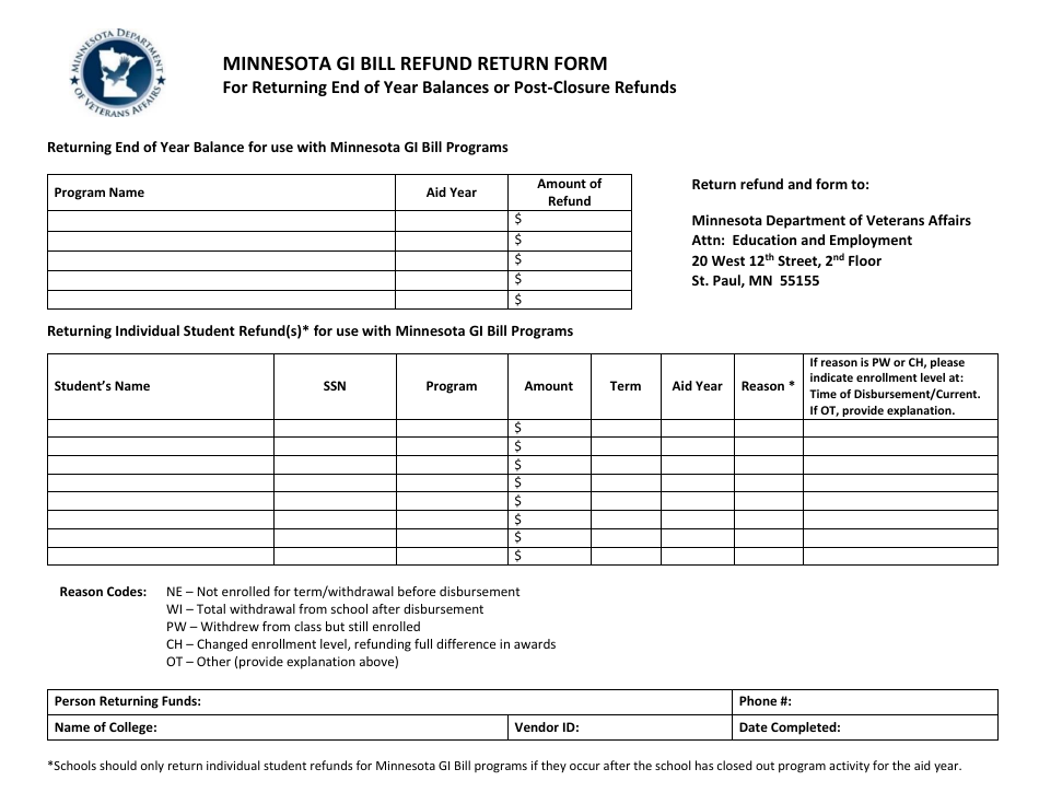 Minnesota Gi Bill Refund Return Form for Returning End of Year Balances or Post-closure Refunds - Minnesota, Page 1