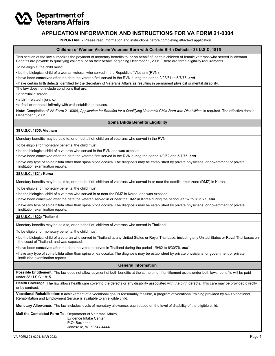 VA Form 21-0304 Application for Benefits for a Qualifying Veterans Child Born With Disabilities, Page 1