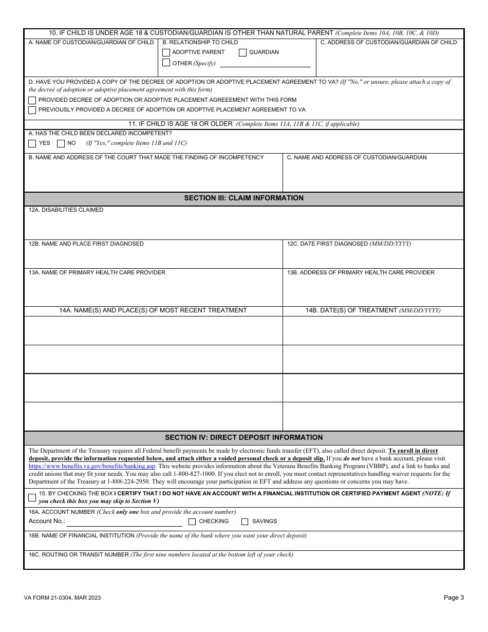 VA Form 21-0304 Application for Benefits for a Qualifying Veterans Child Born With Disabilities, Page 3