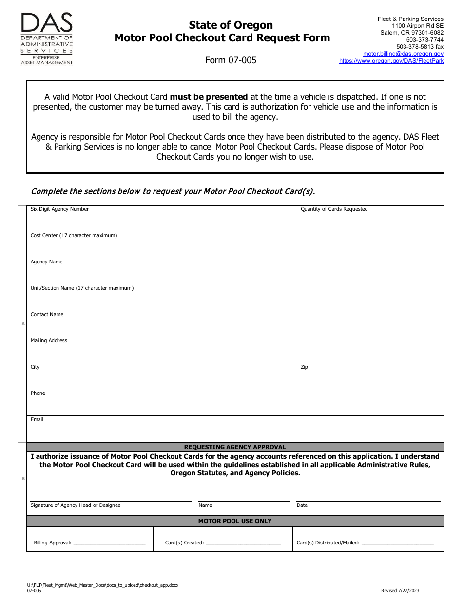 Form 07-005 Motor Pool Checkout Card Request Form - Oregon, Page 1