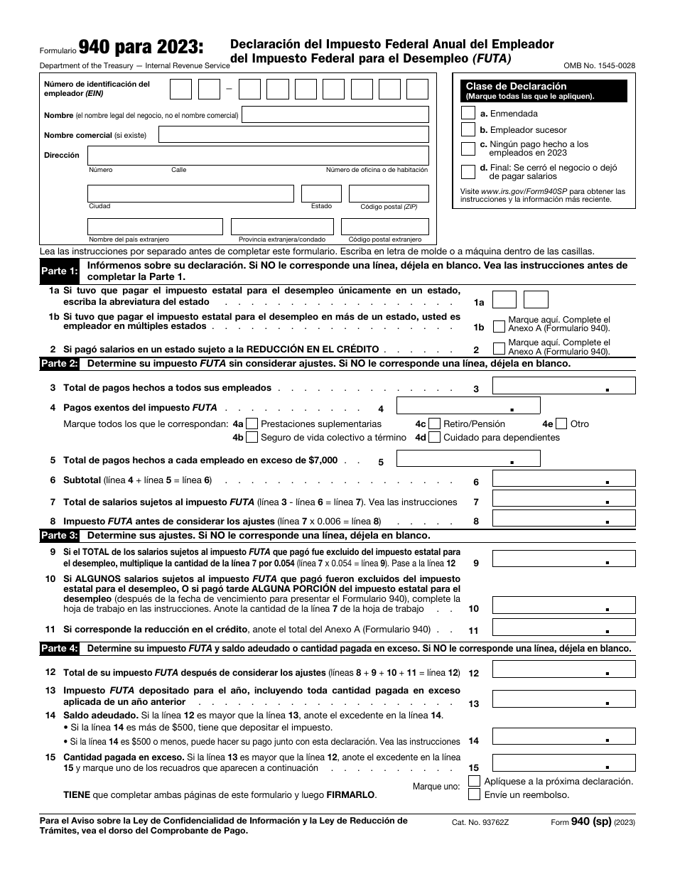 IRS Formulario 940 (SP) Declaracion Del Impuesto Federal Anual Del Empleador Del Impuesto Federal Para El Desempleo (Futa) (Spanish), Page 1