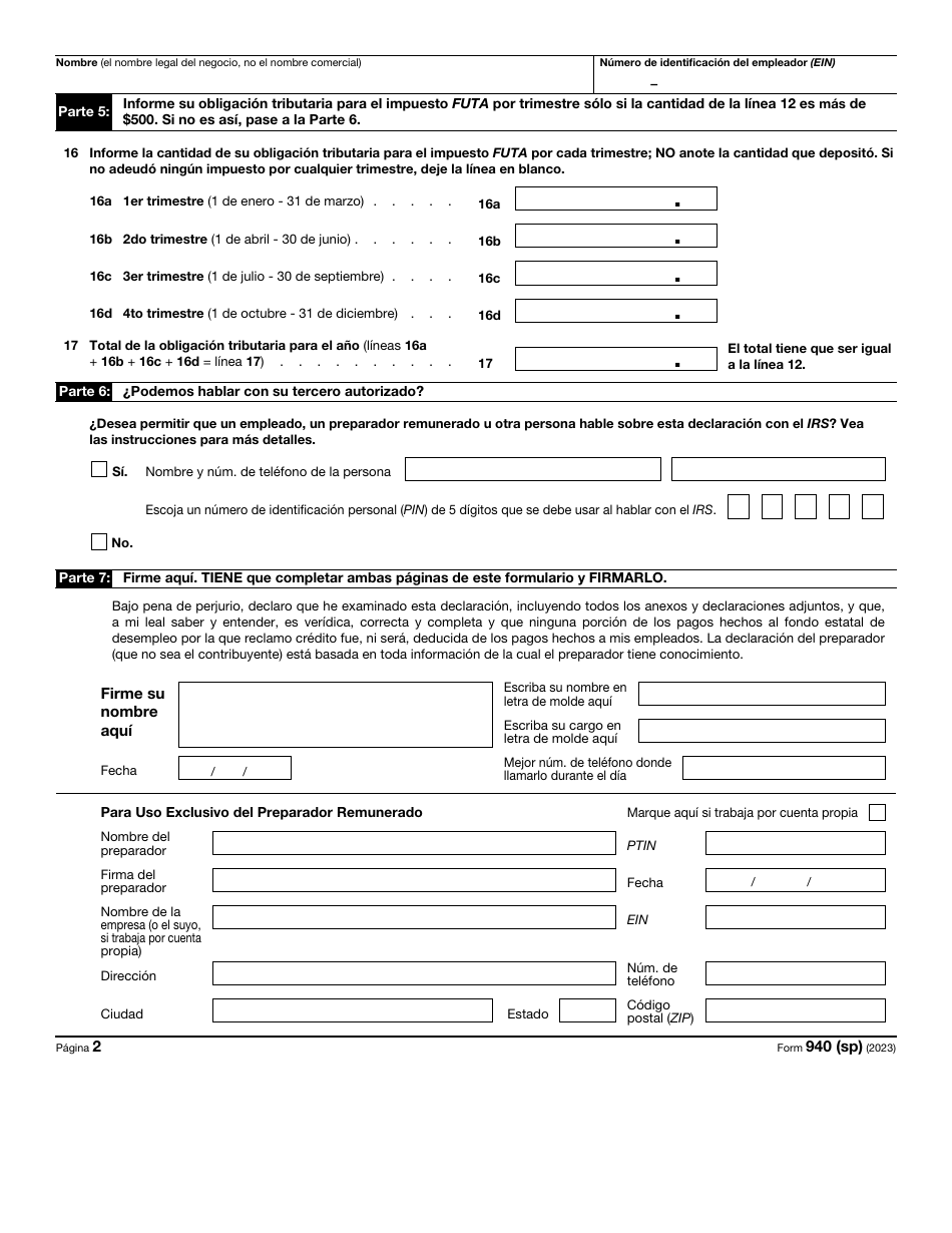 IRS Formulario 940 (SP) Declaracion Del Impuesto Federal Anual Del Empleador Del Impuesto Federal Para El Desempleo (Futa) (Spanish), Page 2