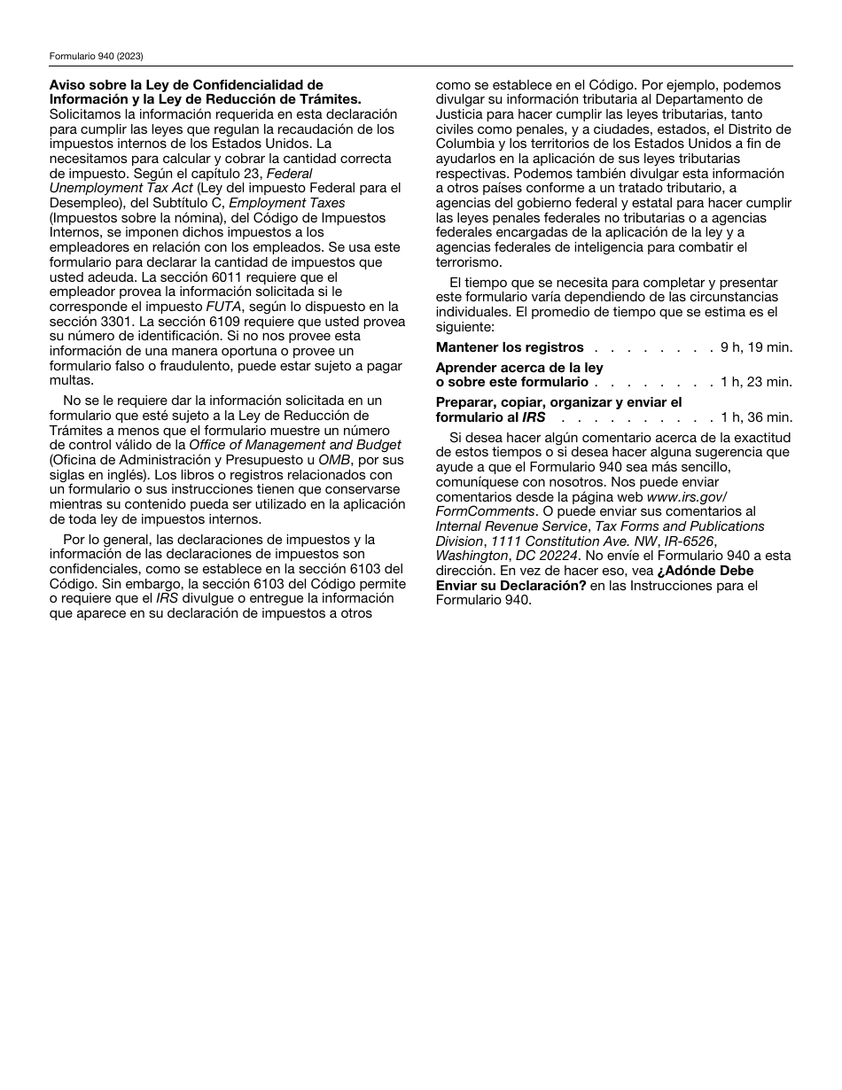 IRS Formulario 940 (SP) Declaracion Del Impuesto Federal Anual Del Empleador Del Impuesto Federal Para El Desempleo (Futa) (Spanish), Page 4
