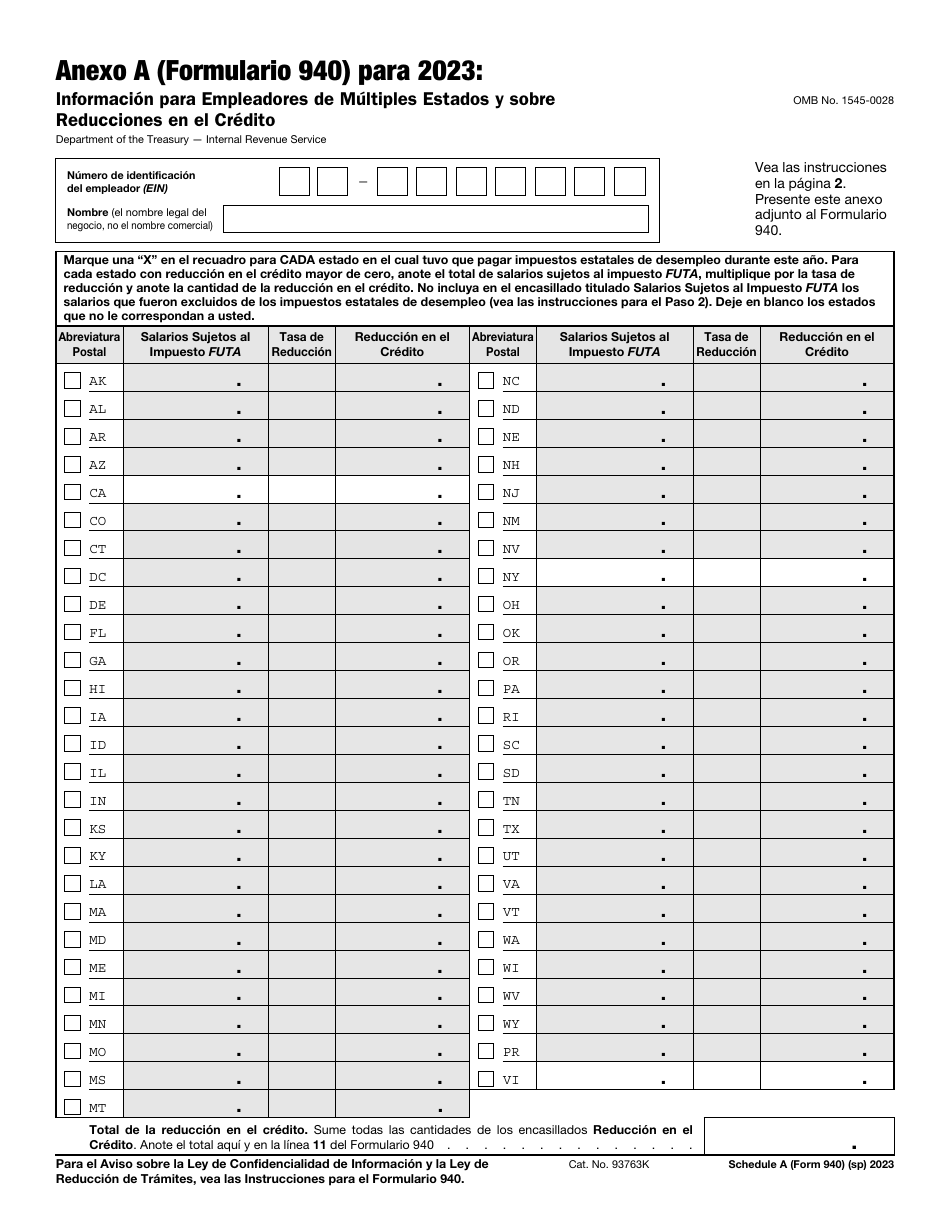 IRS Formulario 940 (SP) Anexo A Informacion Para Empleadores De Multiples Estados Y Sobre Reducciones En El Credito (Spanish), Page 1