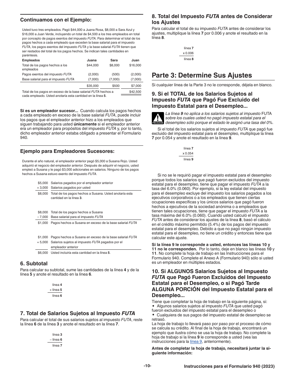 Instrucciones para IRS Formulario 940 (SP) Declaracion Del Impuesto Federal Anual Del Empleador Del Impuesto Federal Para El Desempleo (Futa) (Spanish), Page 10
