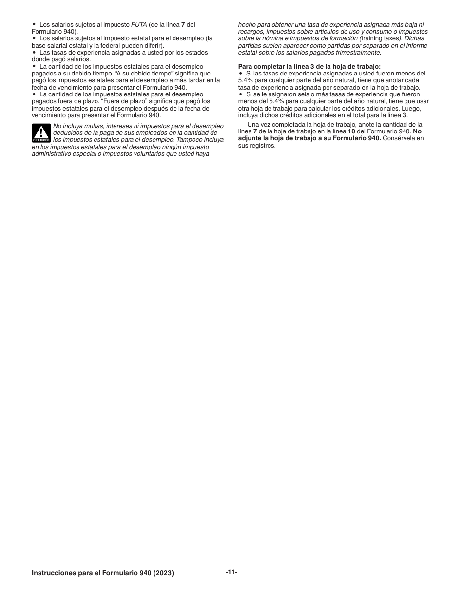 Instrucciones para IRS Formulario 940 (SP) Declaracion Del Impuesto Federal Anual Del Empleador Del Impuesto Federal Para El Desempleo (Futa) (Spanish), Page 11