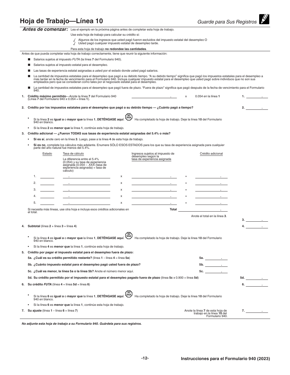 Instrucciones para IRS Formulario 940 (SP) Declaracion Del Impuesto Federal Anual Del Empleador Del Impuesto Federal Para El Desempleo (Futa) (Spanish), Page 12