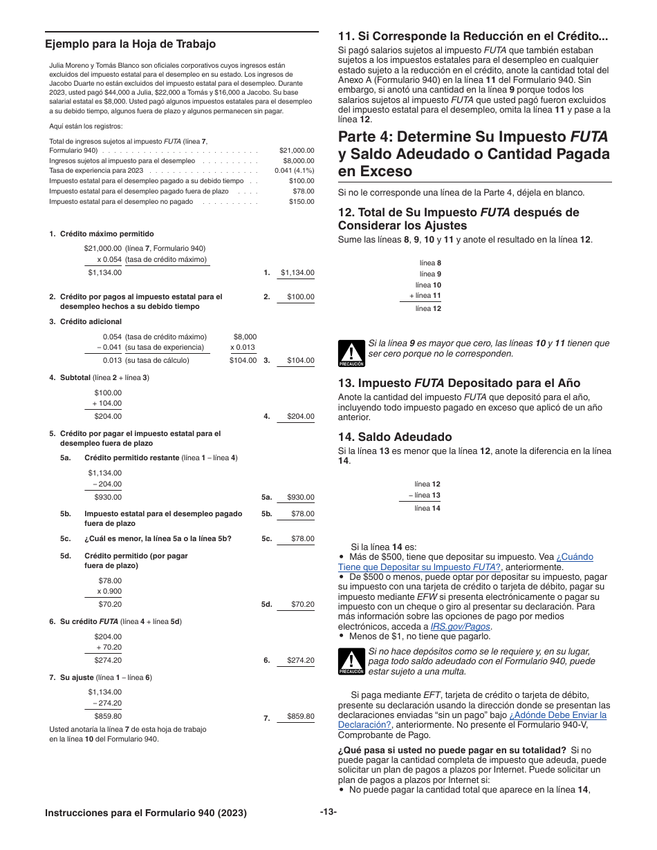 Instrucciones para IRS Formulario 940 (SP) Declaracion Del Impuesto Federal Anual Del Empleador Del Impuesto Federal Para El Desempleo (Futa) (Spanish), Page 13