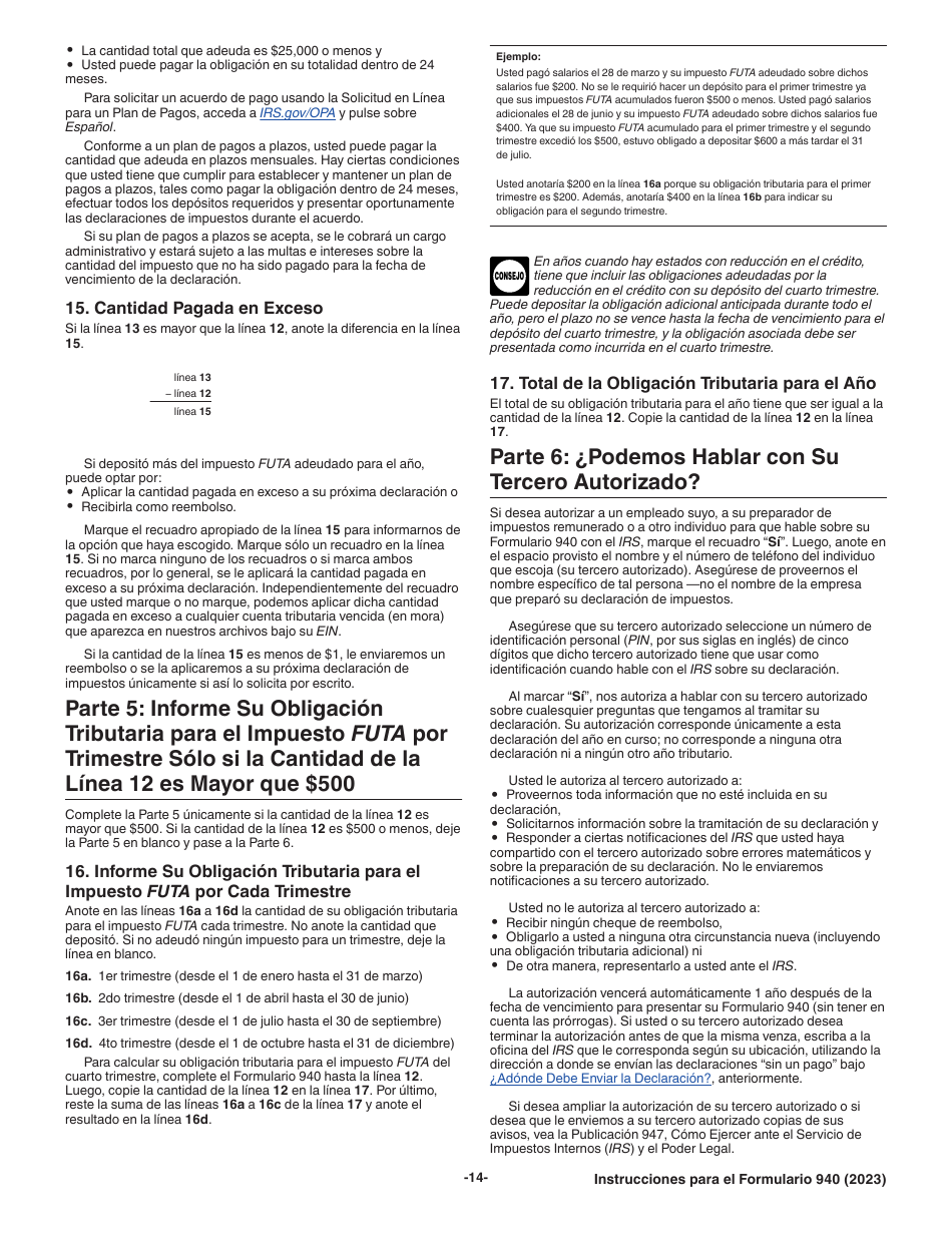 Instrucciones para IRS Formulario 940 (SP) Declaracion Del Impuesto Federal Anual Del Empleador Del Impuesto Federal Para El Desempleo (Futa) (Spanish), Page 14