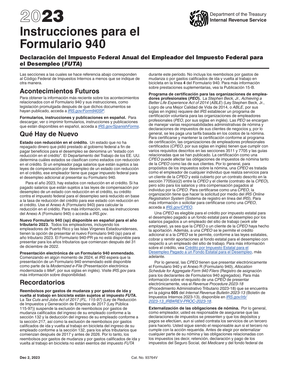 Instrucciones para IRS Formulario 940 (SP) Declaracion Del Impuesto Federal Anual Del Empleador Del Impuesto Federal Para El Desempleo (Futa) (Spanish), Page 1