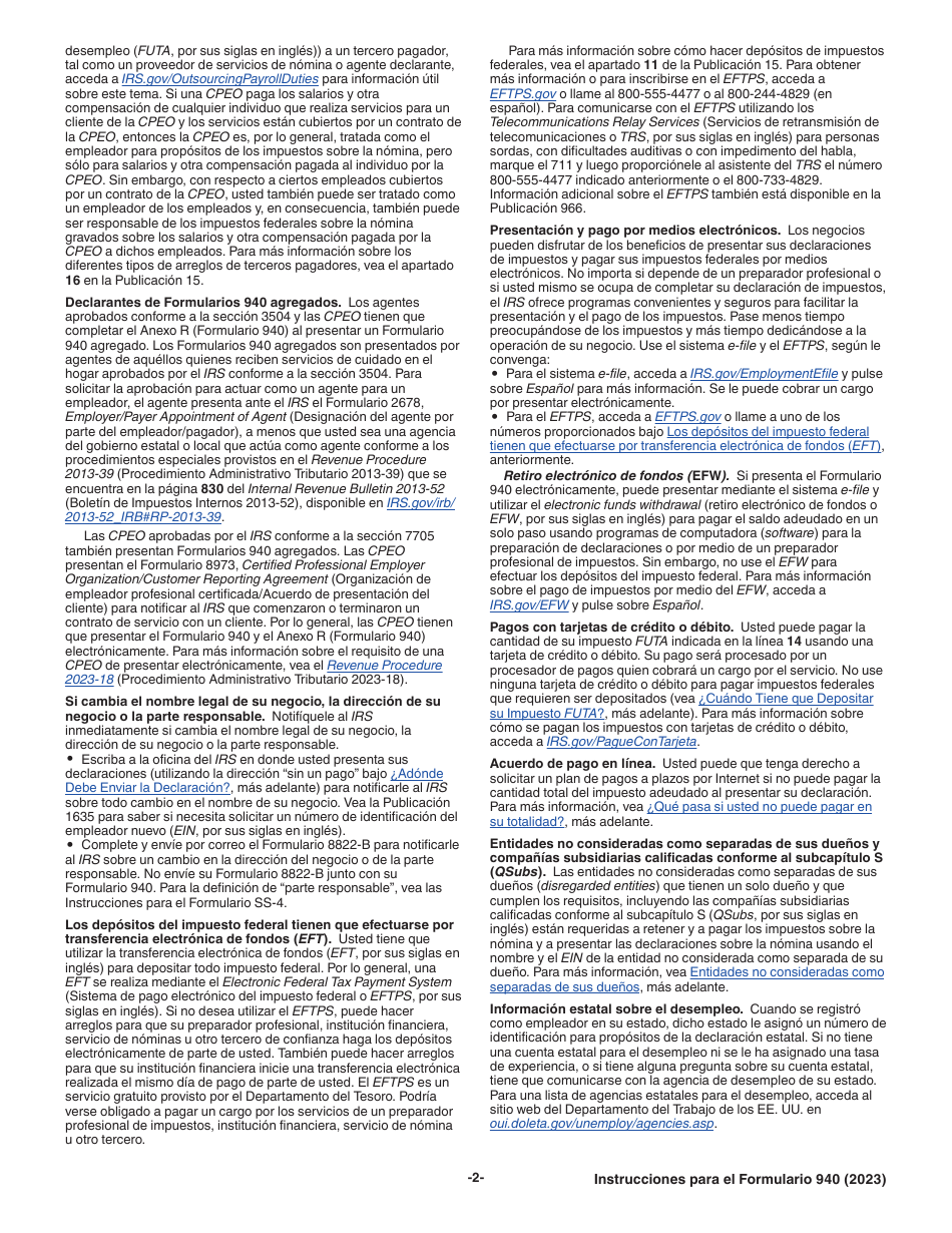 Instrucciones para IRS Formulario 940 (SP) Declaracion Del Impuesto Federal Anual Del Empleador Del Impuesto Federal Para El Desempleo (Futa) (Spanish), Page 2
