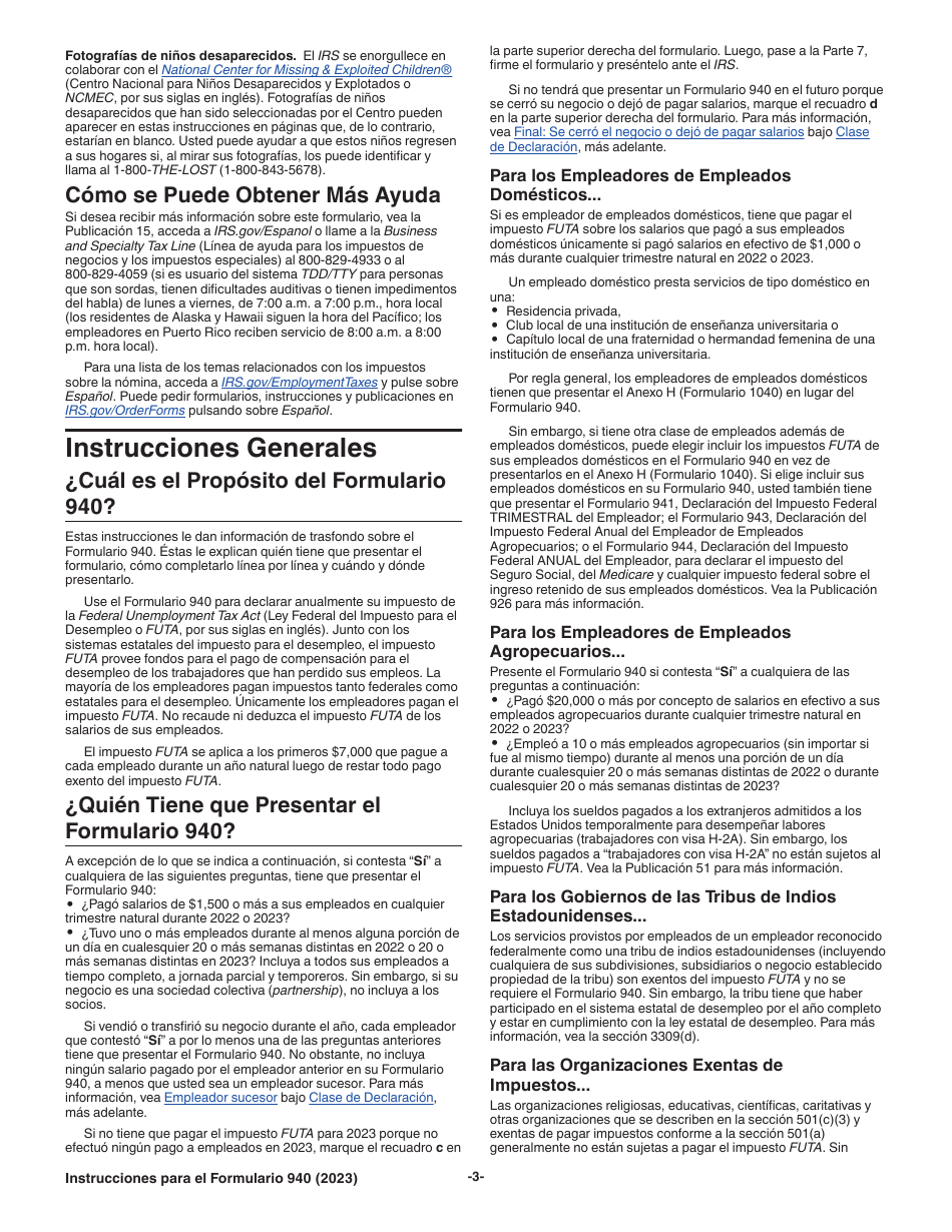 Instrucciones para IRS Formulario 940 (SP) Declaracion Del Impuesto Federal Anual Del Empleador Del Impuesto Federal Para El Desempleo (Futa) (Spanish), Page 3