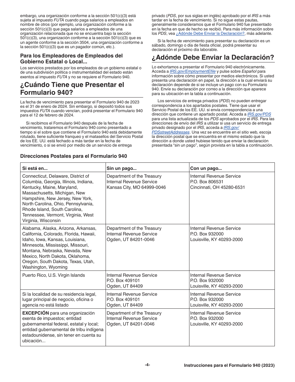 Instrucciones para IRS Formulario 940 (SP) Declaracion Del Impuesto Federal Anual Del Empleador Del Impuesto Federal Para El Desempleo (Futa) (Spanish), Page 4