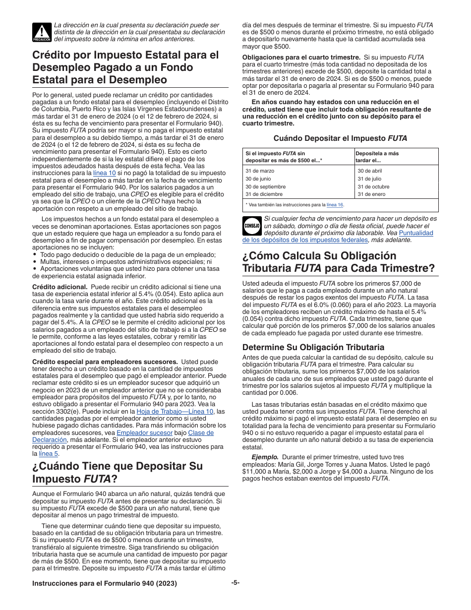 Instrucciones para IRS Formulario 940 (SP) Declaracion Del Impuesto Federal Anual Del Empleador Del Impuesto Federal Para El Desempleo (Futa) (Spanish), Page 5