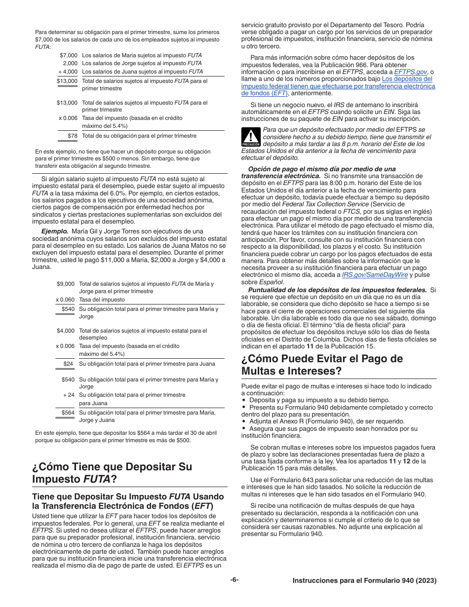 Instrucciones para IRS Formulario 940 (SP) Declaracion Del Impuesto Federal Anual Del Empleador Del Impuesto Federal Para El Desempleo (Futa) (Spanish), Page 6