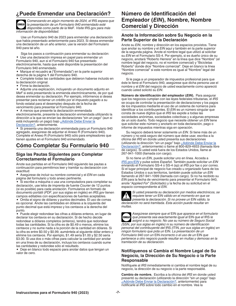 Instrucciones para IRS Formulario 940 (SP) Declaracion Del Impuesto Federal Anual Del Empleador Del Impuesto Federal Para El Desempleo (Futa) (Spanish), Page 7