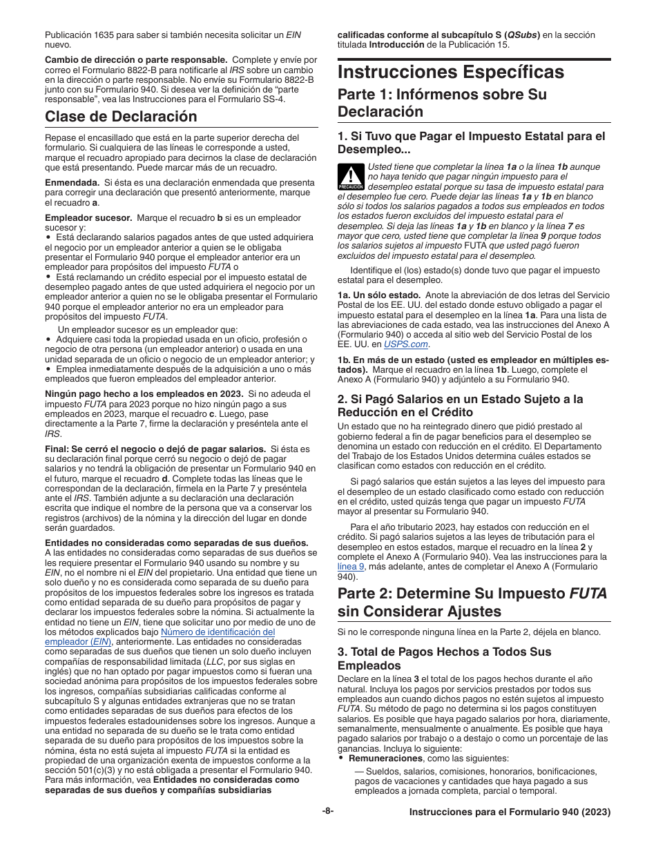 Instrucciones para IRS Formulario 940 (SP) Declaracion Del Impuesto Federal Anual Del Empleador Del Impuesto Federal Para El Desempleo (Futa) (Spanish), Page 8