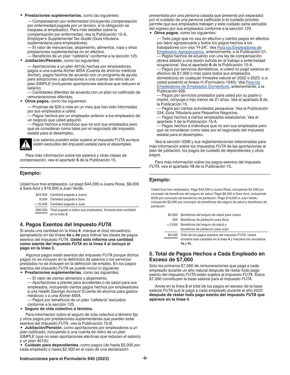 Instrucciones para IRS Formulario 940 (SP) Declaracion Del Impuesto Federal Anual Del Empleador Del Impuesto Federal Para El Desempleo (Futa) (Spanish), Page 9