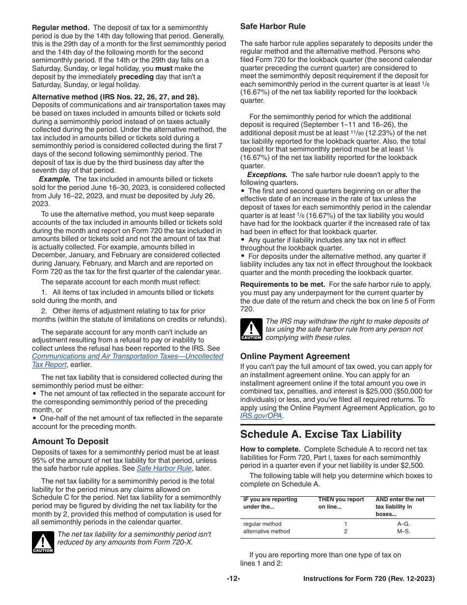 Instructions for IRS Form 720 Quarterly Federal Excise Tax Return, Page 12