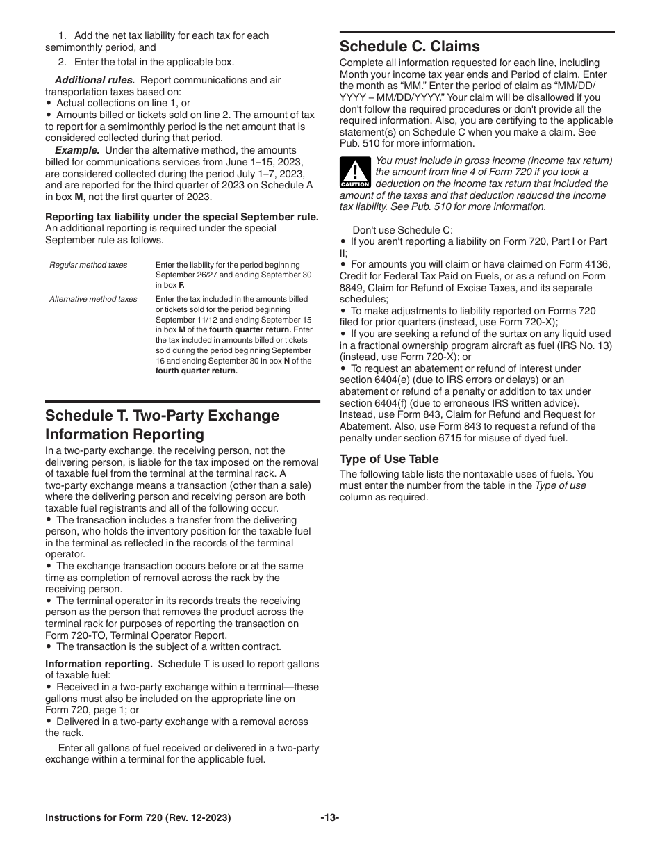 Instructions for IRS Form 720 Quarterly Federal Excise Tax Return, Page 13