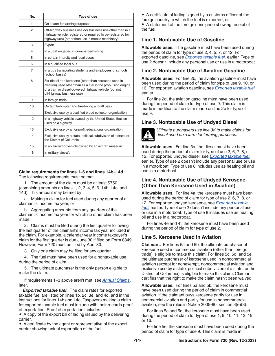 Instructions for IRS Form 720 Quarterly Federal Excise Tax Return, Page 14