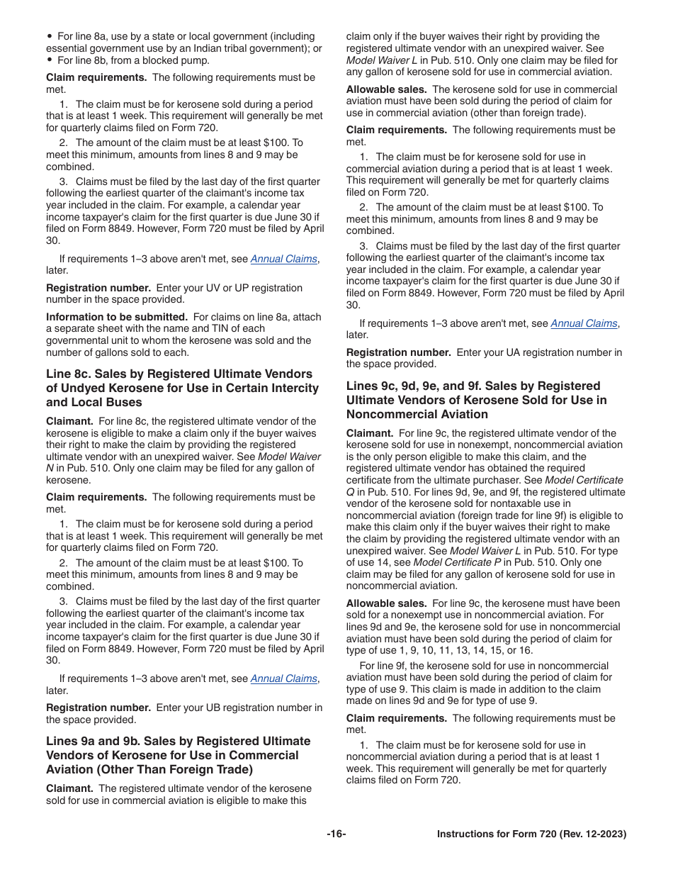 Instructions for IRS Form 720 Quarterly Federal Excise Tax Return, Page 16