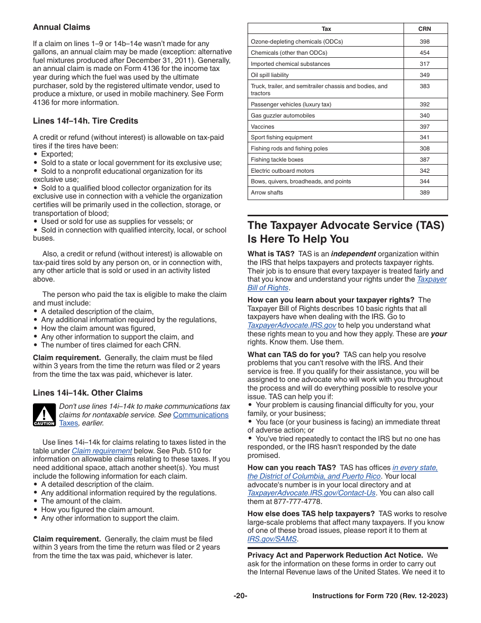 Instructions for IRS Form 720 Quarterly Federal Excise Tax Return, Page 20