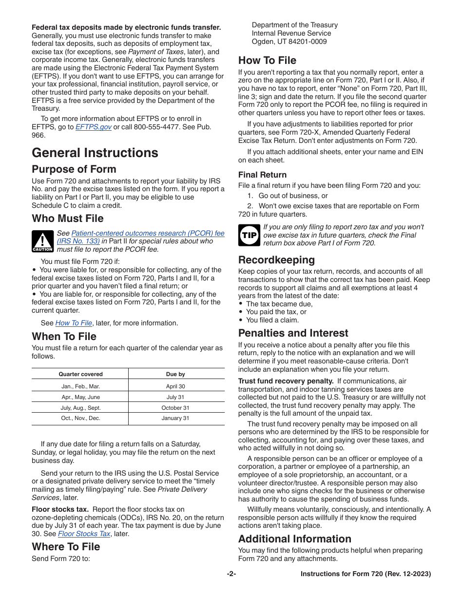 Instructions for IRS Form 720 Quarterly Federal Excise Tax Return, Page 2