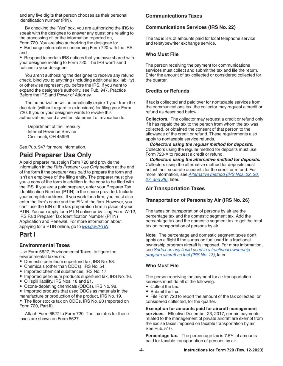 Instructions for IRS Form 720 Quarterly Federal Excise Tax Return, Page 4
