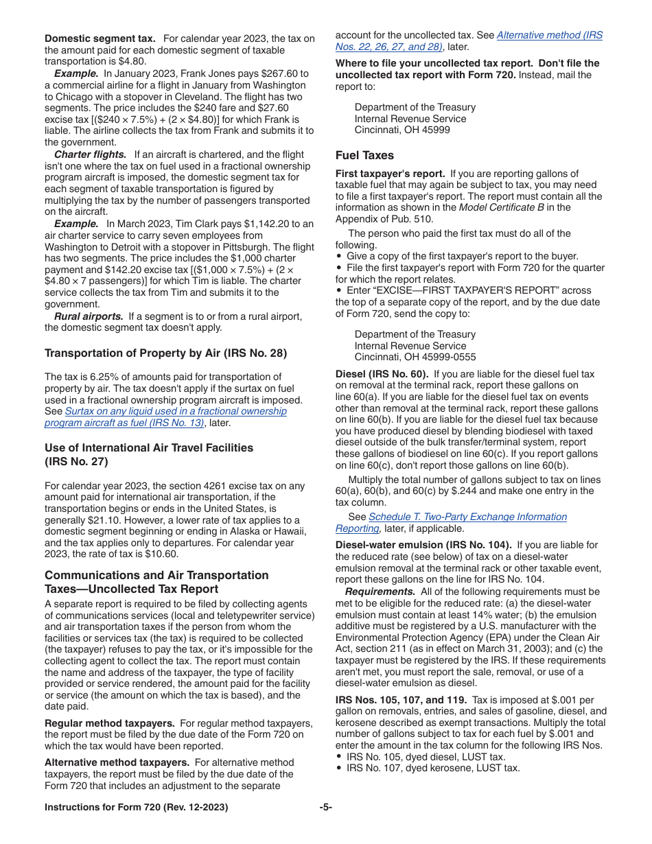 Instructions for IRS Form 720 Quarterly Federal Excise Tax Return, Page 5