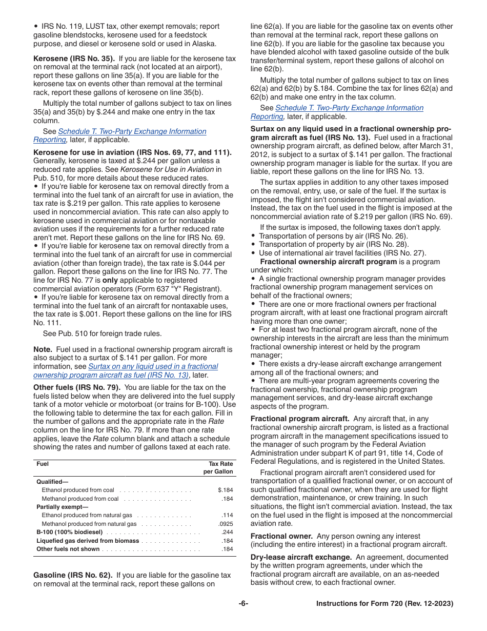 Instructions for IRS Form 720 Quarterly Federal Excise Tax Return, Page 6
