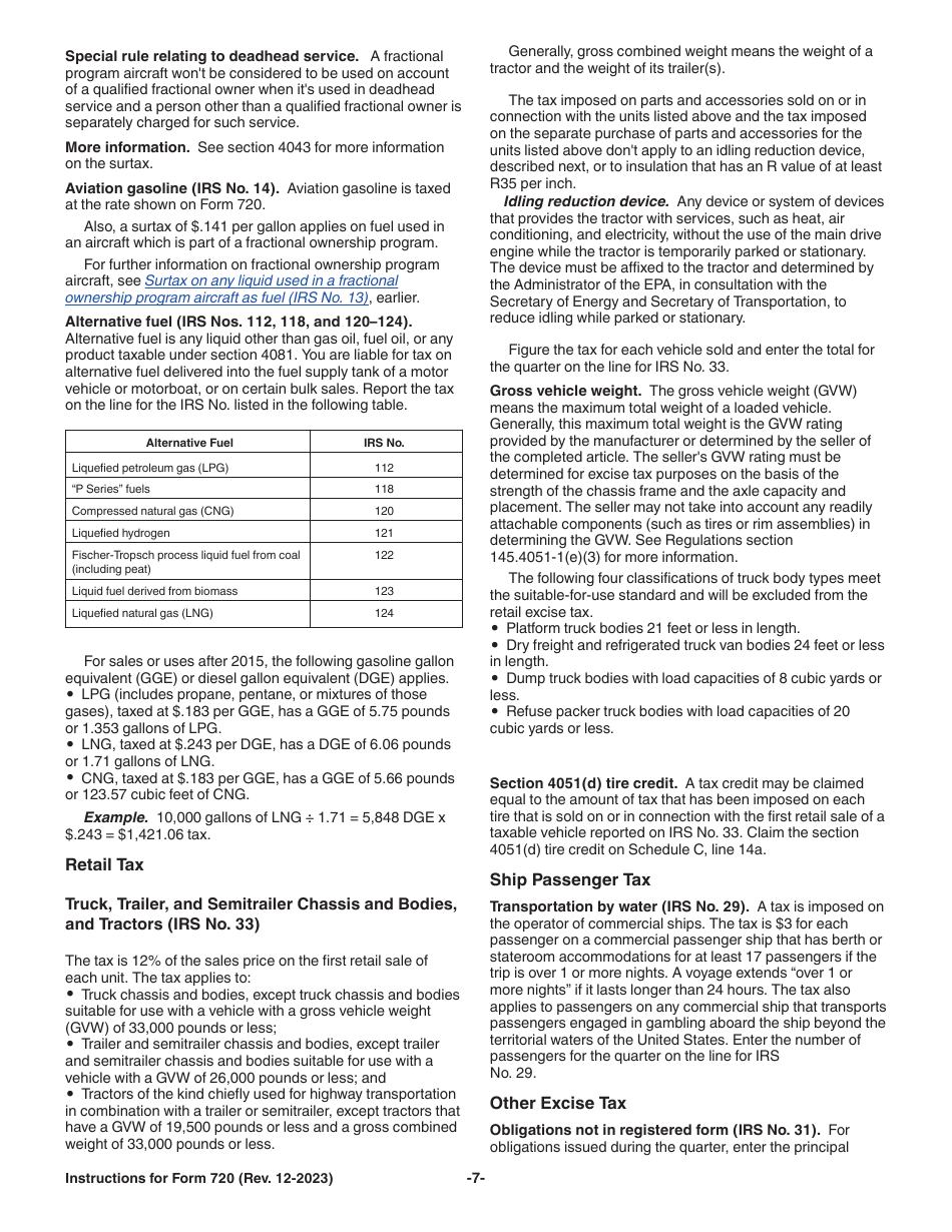Instructions for IRS Form 720 Quarterly Federal Excise Tax Return, Page 7