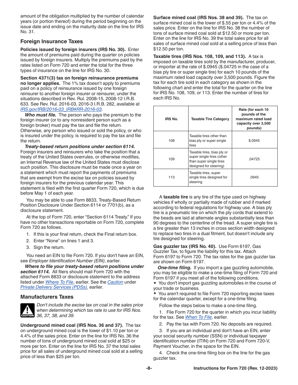 Instructions for IRS Form 720 Quarterly Federal Excise Tax Return, Page 8
