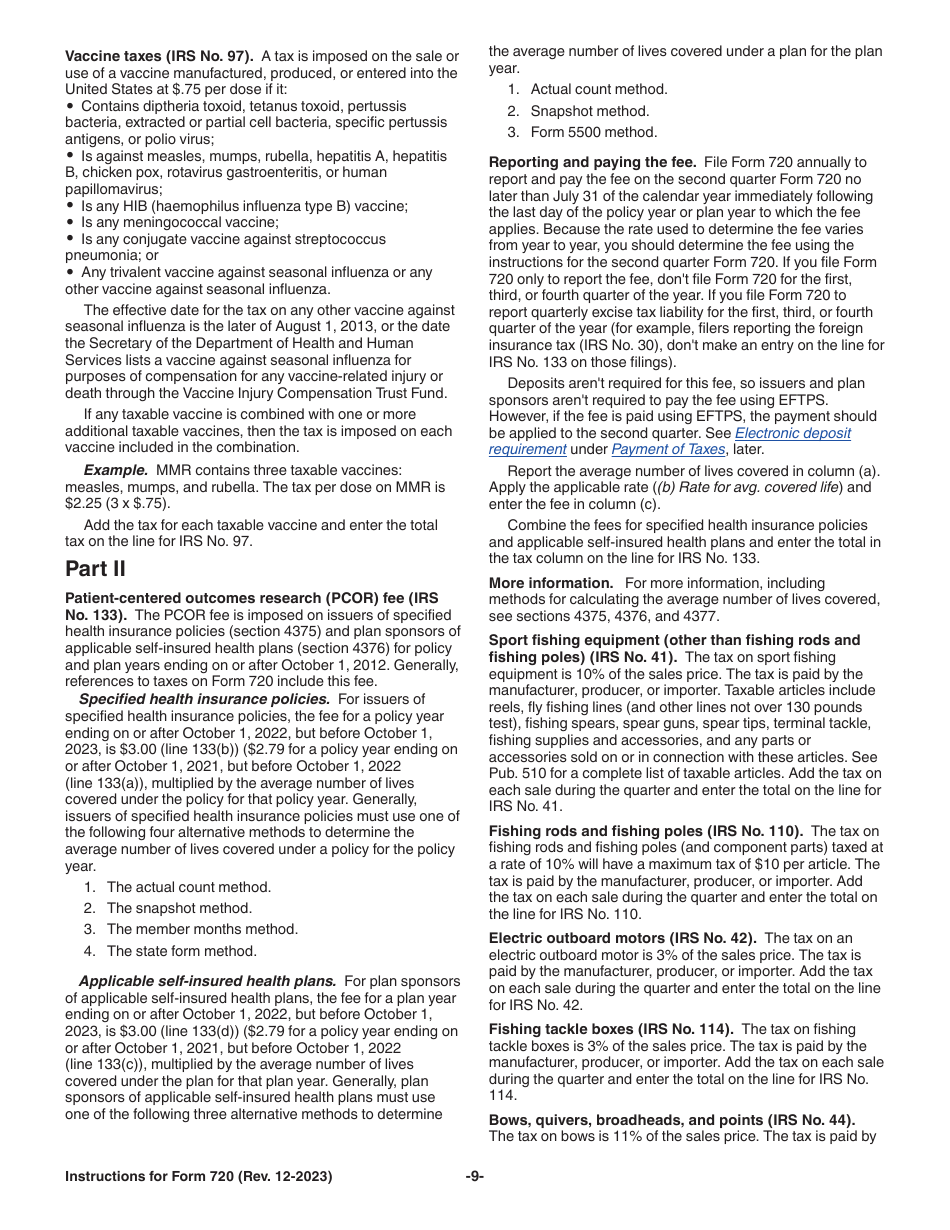 Instructions for IRS Form 720 Quarterly Federal Excise Tax Return, Page 9
