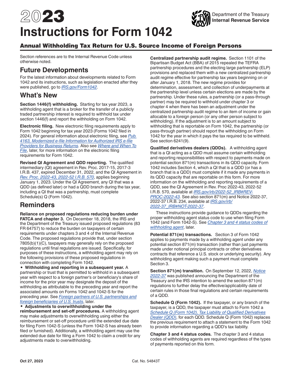 Download Instructions for IRS Form 1042 Annual Withholding Tax Return