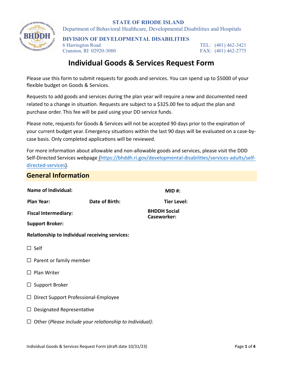 Individual Goods  Services Request Form - Draft - Rhode Island, Page 1