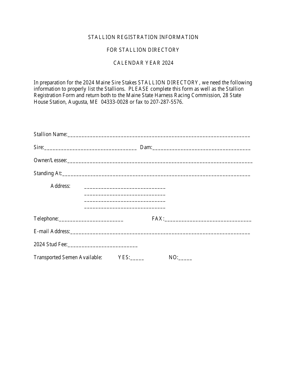 Stallion Registration Information for Stallion Directory - Maine, Page 1