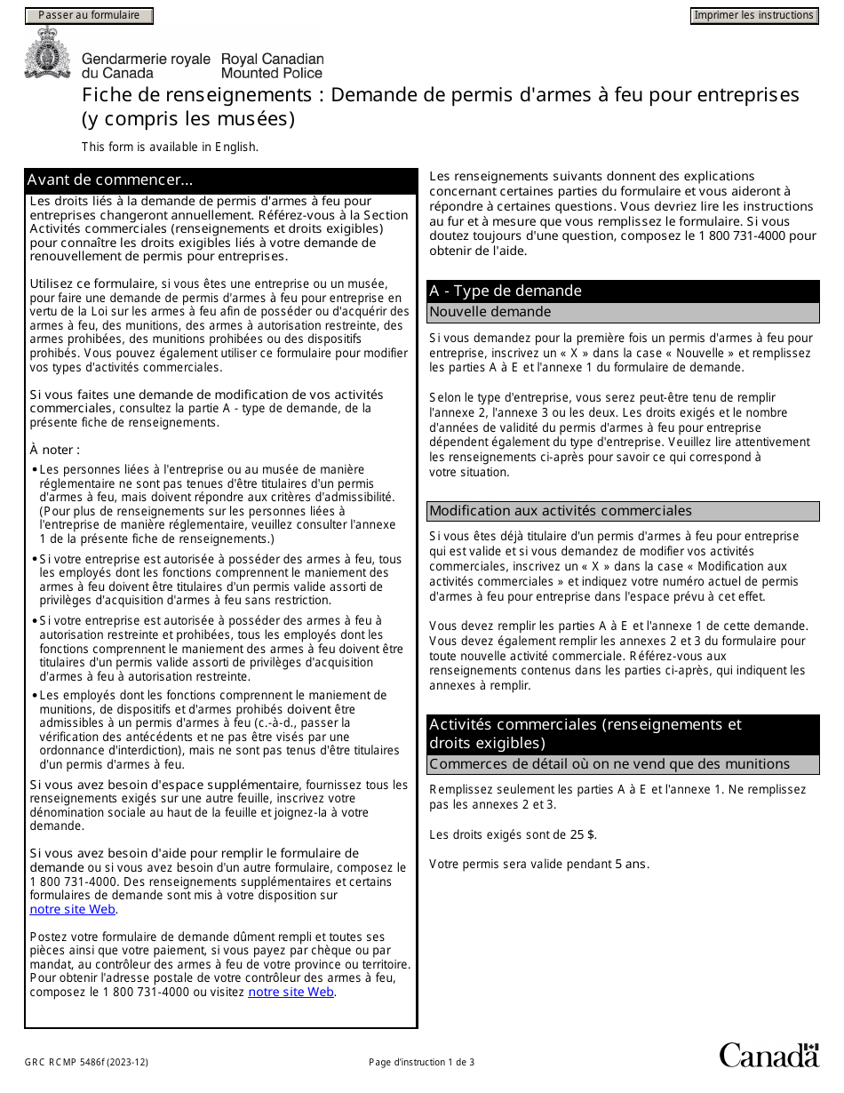 Forme GRC RCMP5486 Demande De Permis Darmes a Feu Pour Entreprises (Y Compris Les Musees) - Canada (French), Page 1