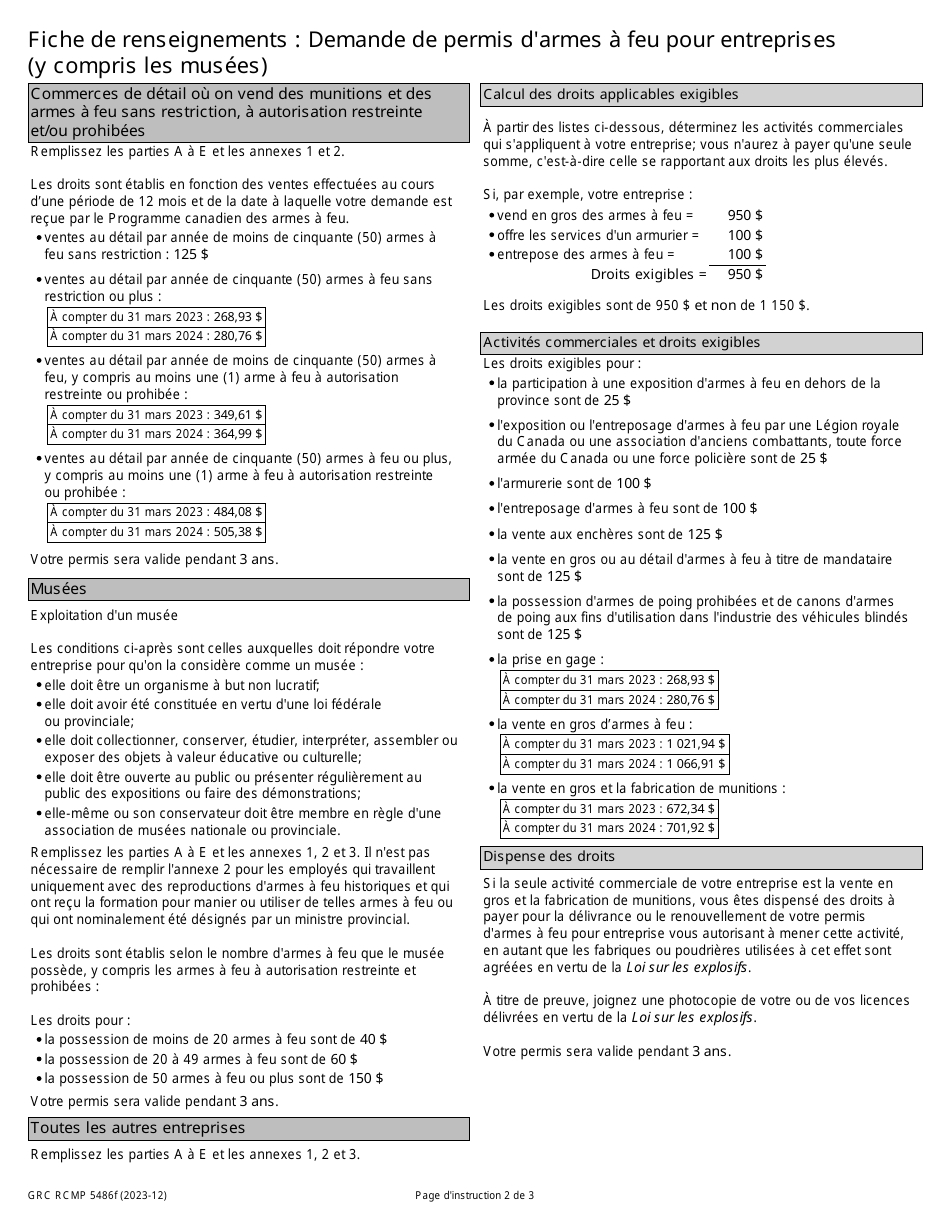 Forme GRC RCMP5486 Demande De Permis Darmes a Feu Pour Entreprises (Y Compris Les Musees) - Canada (French), Page 2