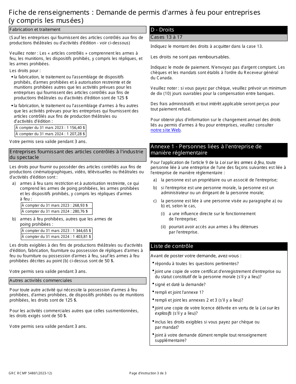 Forme GRC RCMP5486 Demande De Permis Darmes a Feu Pour Entreprises (Y Compris Les Musees) - Canada (French), Page 3