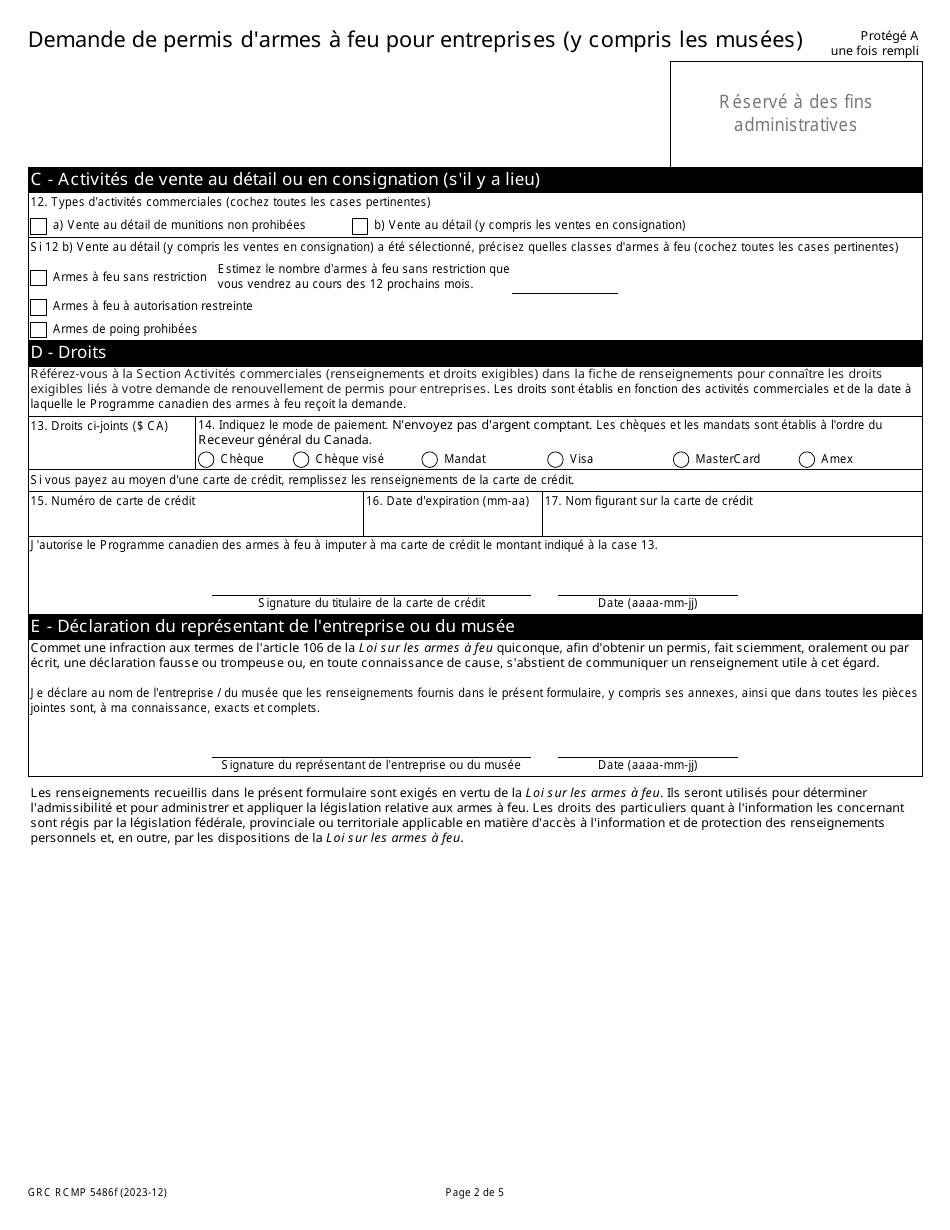 Forme GRC RCMP5486 Demande De Permis Darmes a Feu Pour Entreprises (Y Compris Les Musees) - Canada (French), Page 5