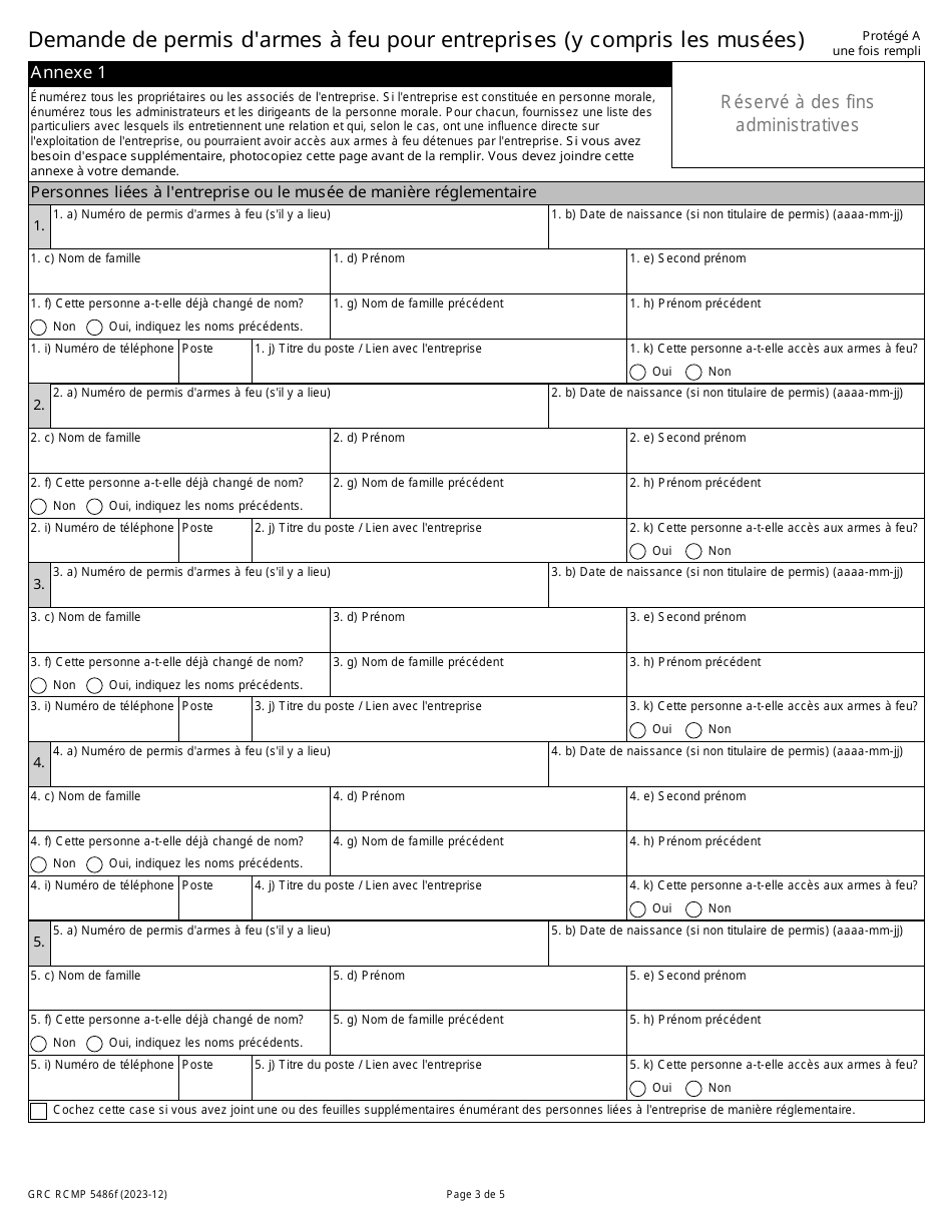Forme GRC RCMP5486 Demande De Permis Darmes a Feu Pour Entreprises (Y Compris Les Musees) - Canada (French), Page 6