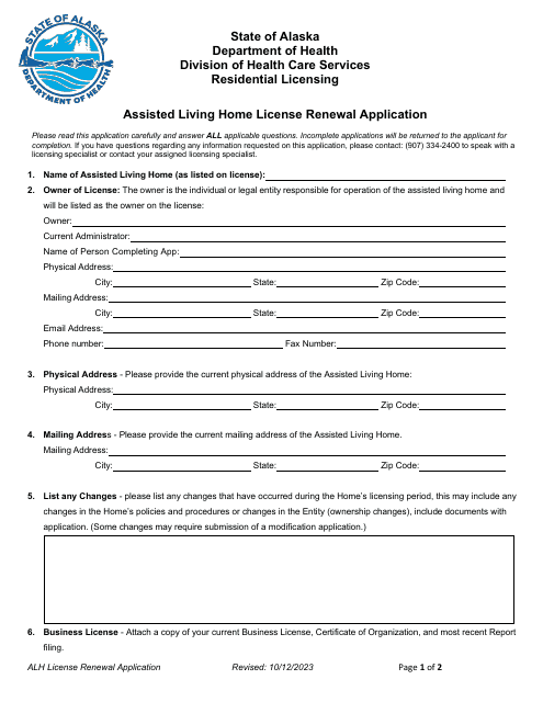 Assisted Living Home License Renewal Application - Alaska Download Pdf