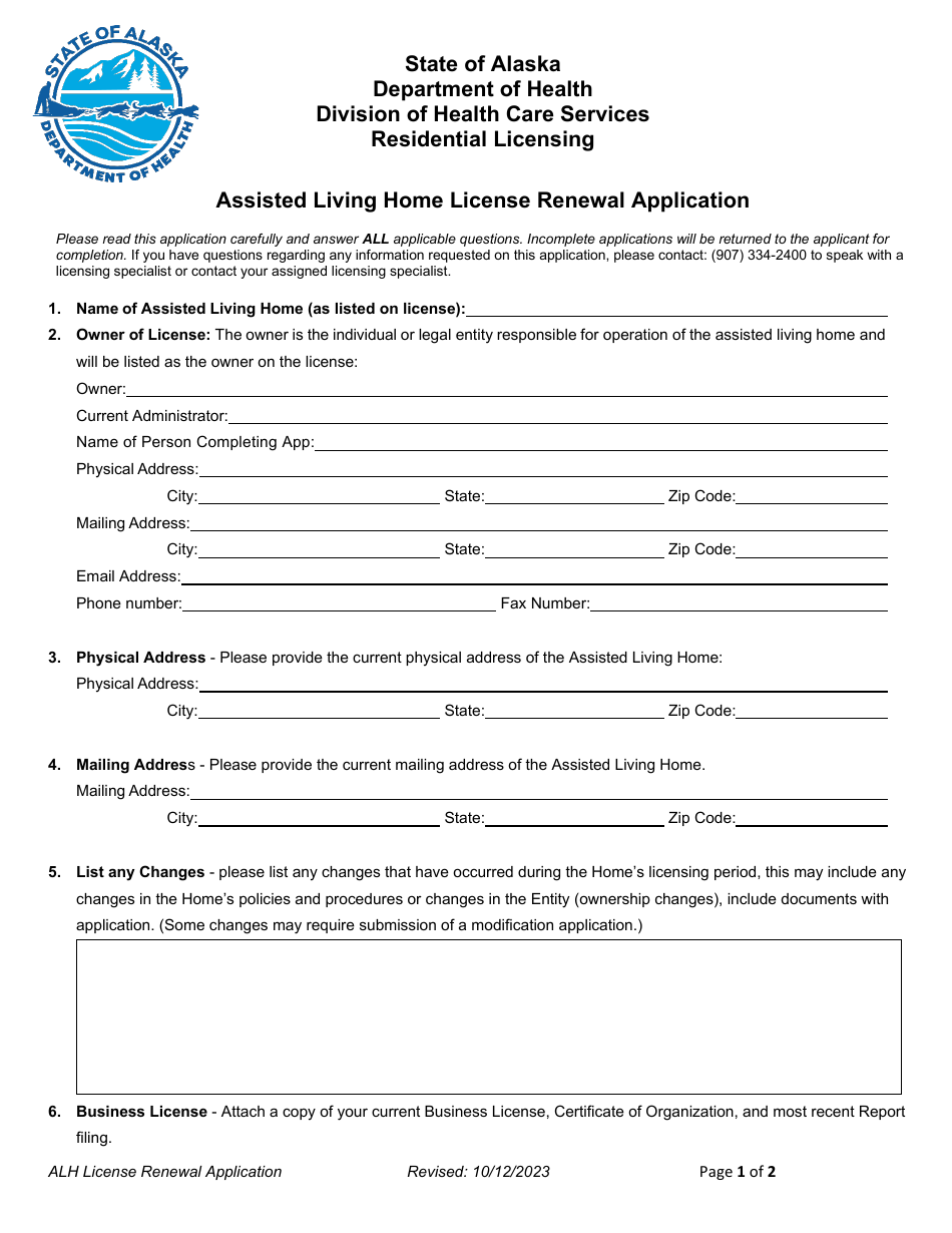 Assisted Living Home License Renewal Application - Alaska, Page 1