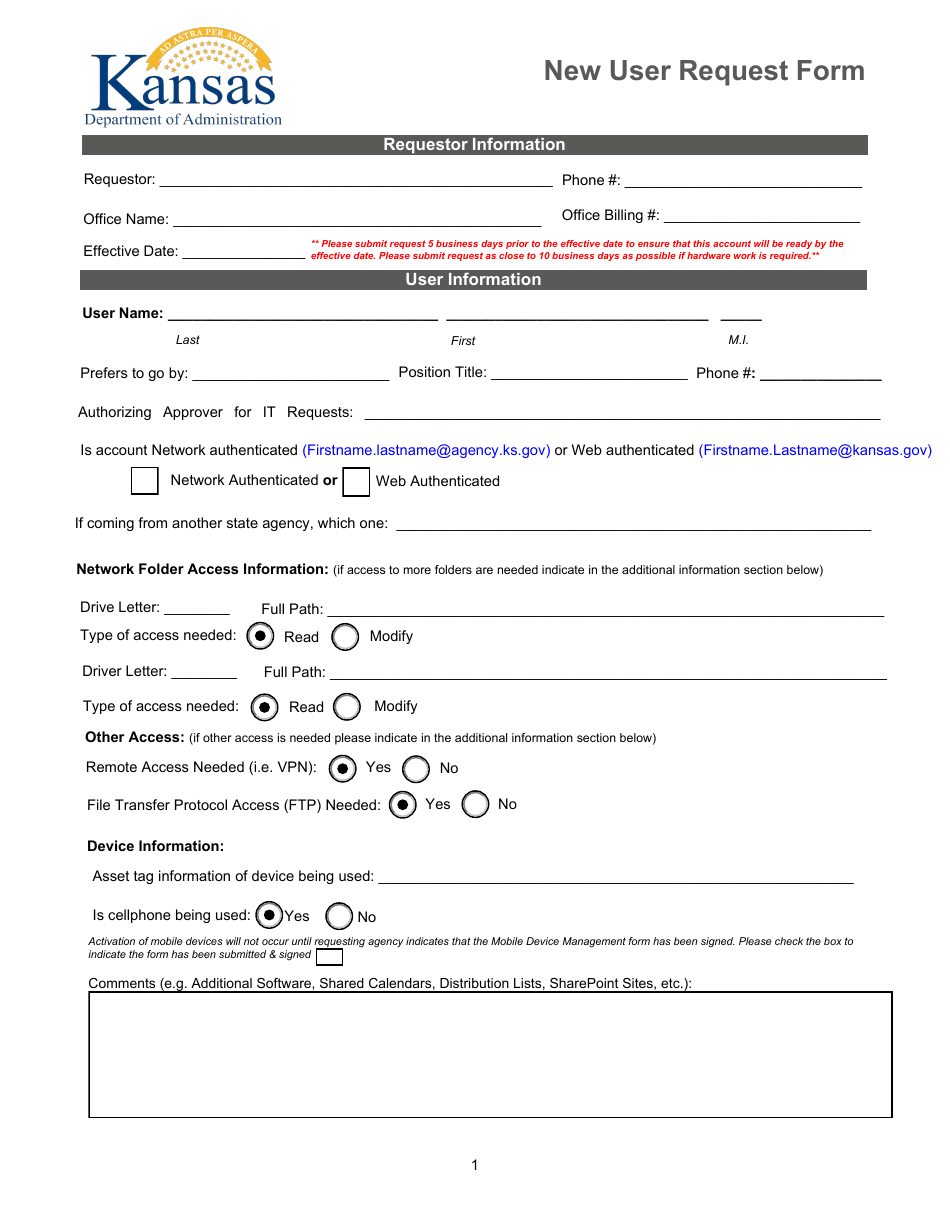 New User Request Form - Kansas, Page 1