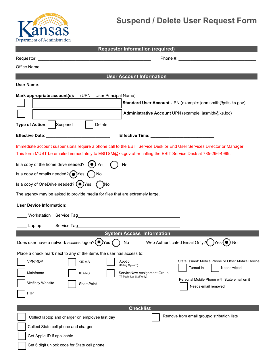 Suspend / Delete User Request Form - Kansas, Page 1