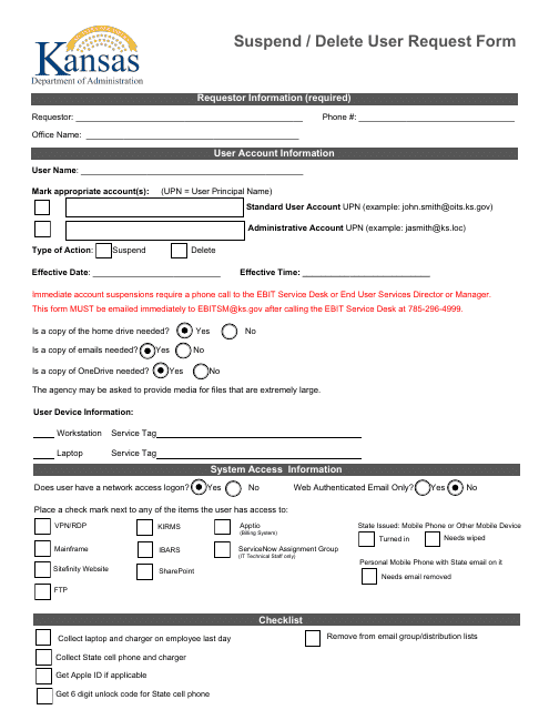 Suspend / Delete User Request Form - Kansas Download Pdf