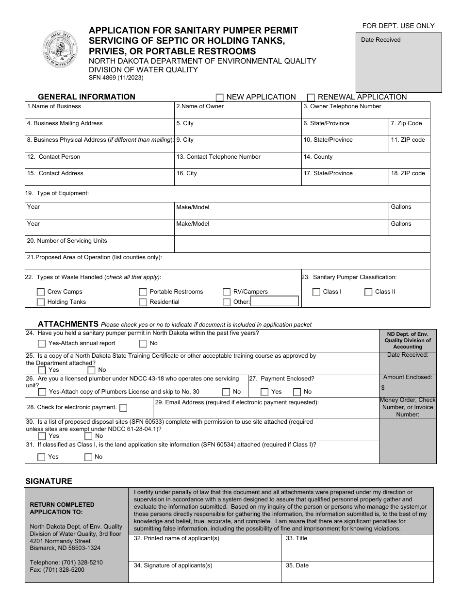 Form SFN4869 Application for Sanitary Pumper Permit Servicing of Septic or Holding Tanks, Privies, or Portable Restrooms - North Dakota, Page 1