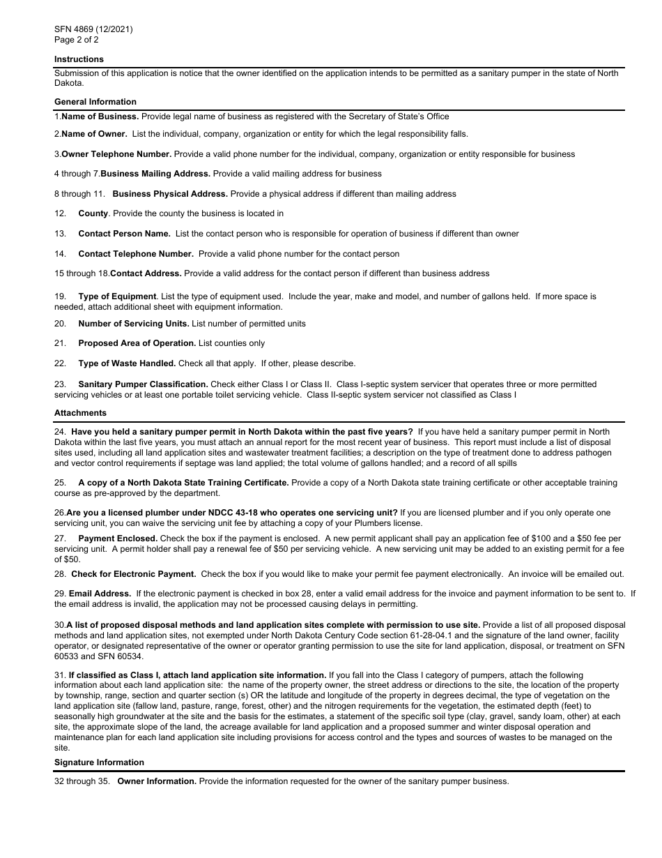 Form SFN4869 Application for Sanitary Pumper Permit Servicing of Septic or Holding Tanks, Privies, or Portable Restrooms - North Dakota, Page 2